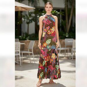 NWT Vince Camuto Oscar Floral Print Tiered Maxi Dress Large, RICH BLACK